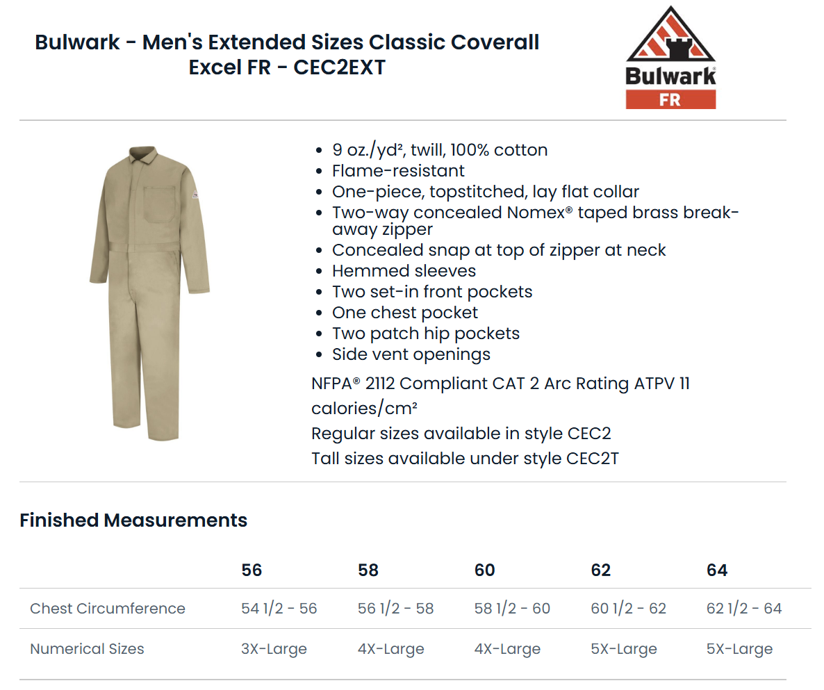 BLANK CEC2EXT Men's Extended Sizes Classic Coverall Excel FR