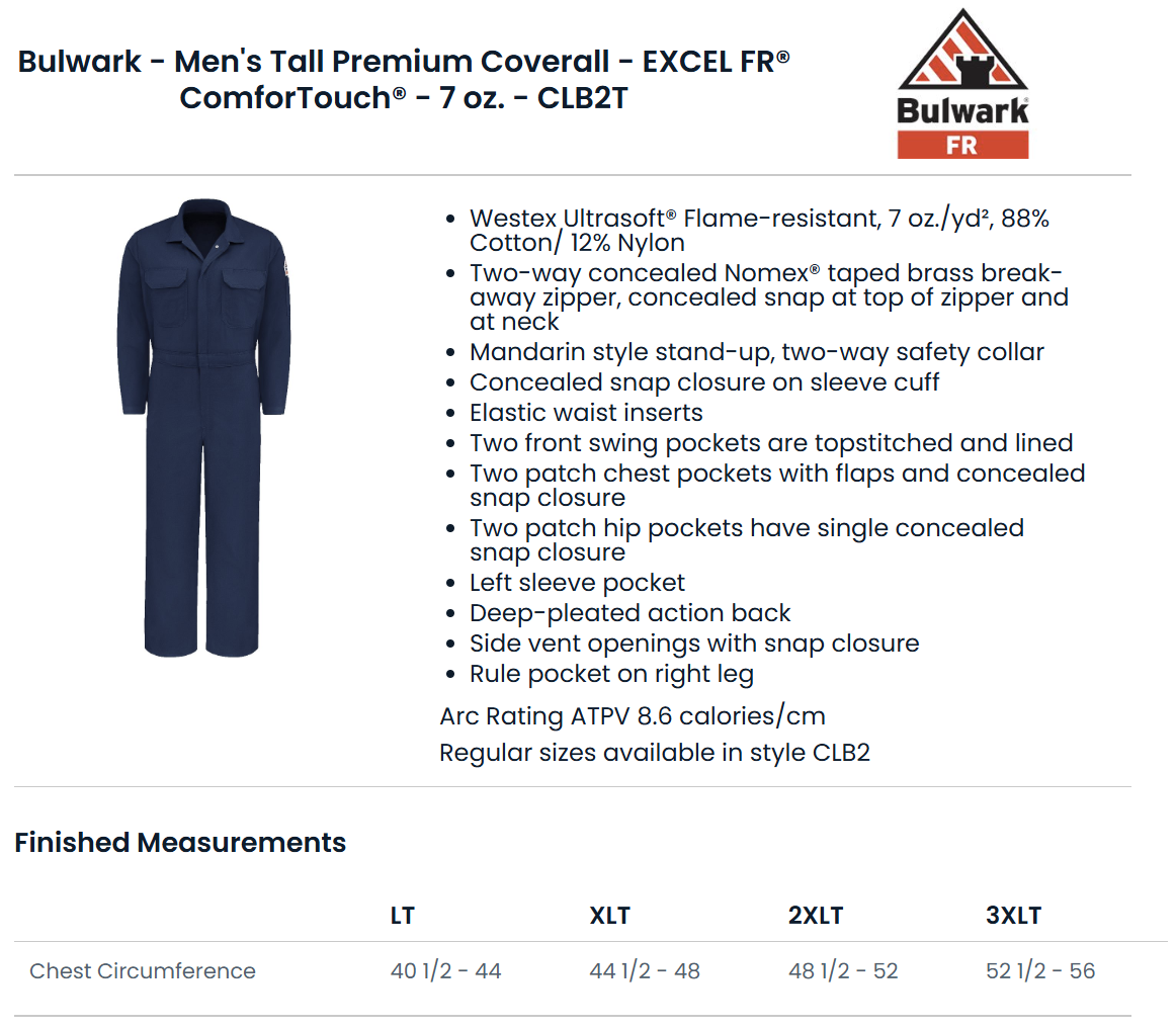 BLANK CLB2T Men's Tall Premium Coverall - EXCEL FR® ComforTouch® - 7 oz.