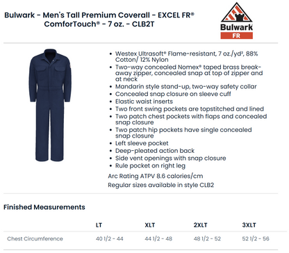 BLANK CLB2T Men's Tall Premium Coverall - EXCEL FR® ComforTouch® - 7 oz.