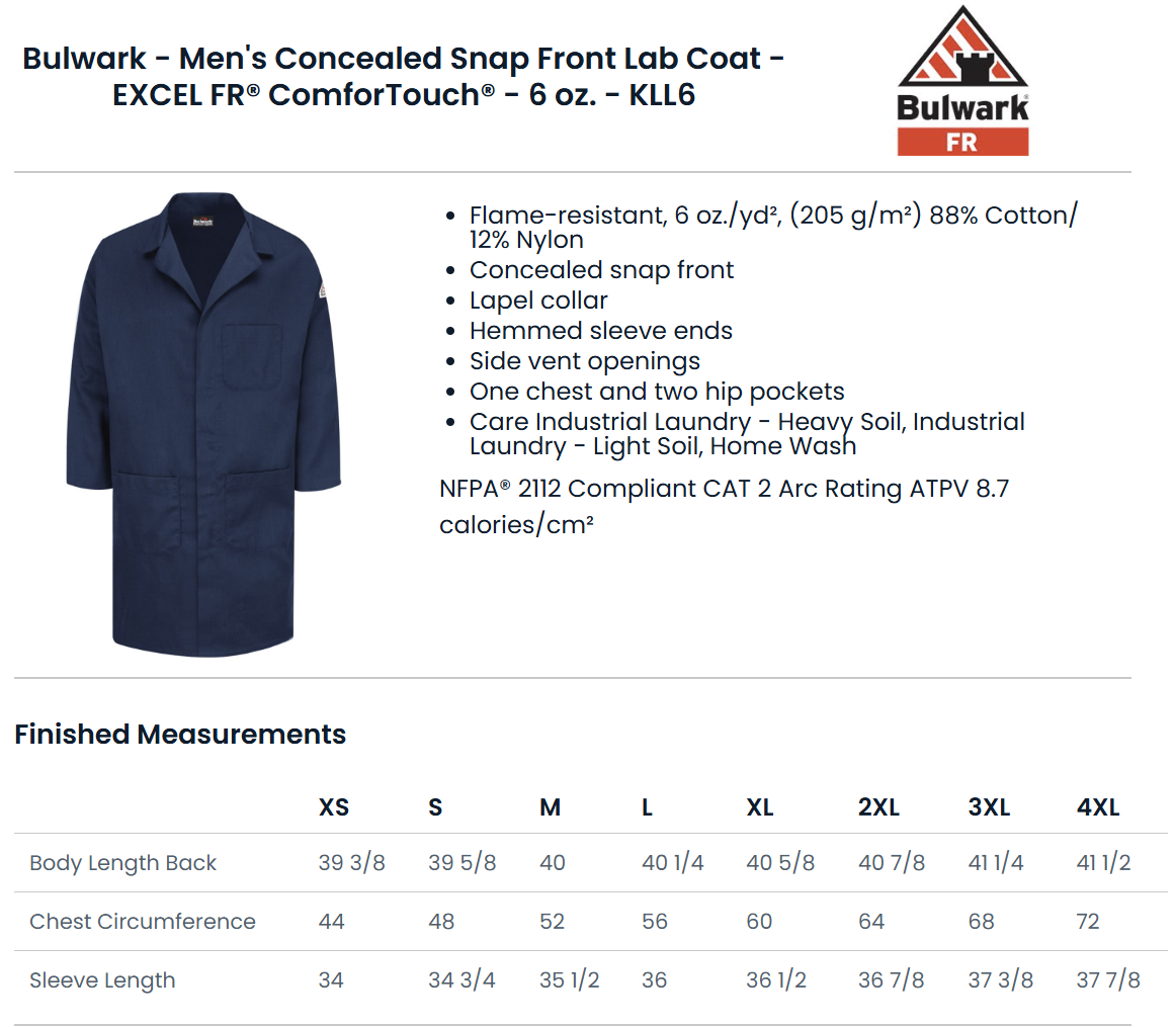 BLANK KLL6 Men's Concealed Snap Front Lab Coat - EXCEL FR® ComforTouch® - 6 oz.