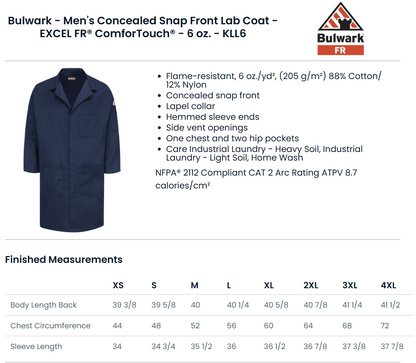BLANK KLL6 Men's Concealed Snap Front Lab Coat - EXCEL FR® ComforTouch® - 6 oz.